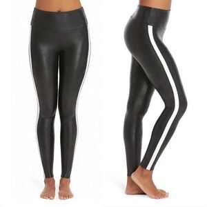 Spanx Faux Leather Shine Sporty Side Stripe Leggings in Black & White